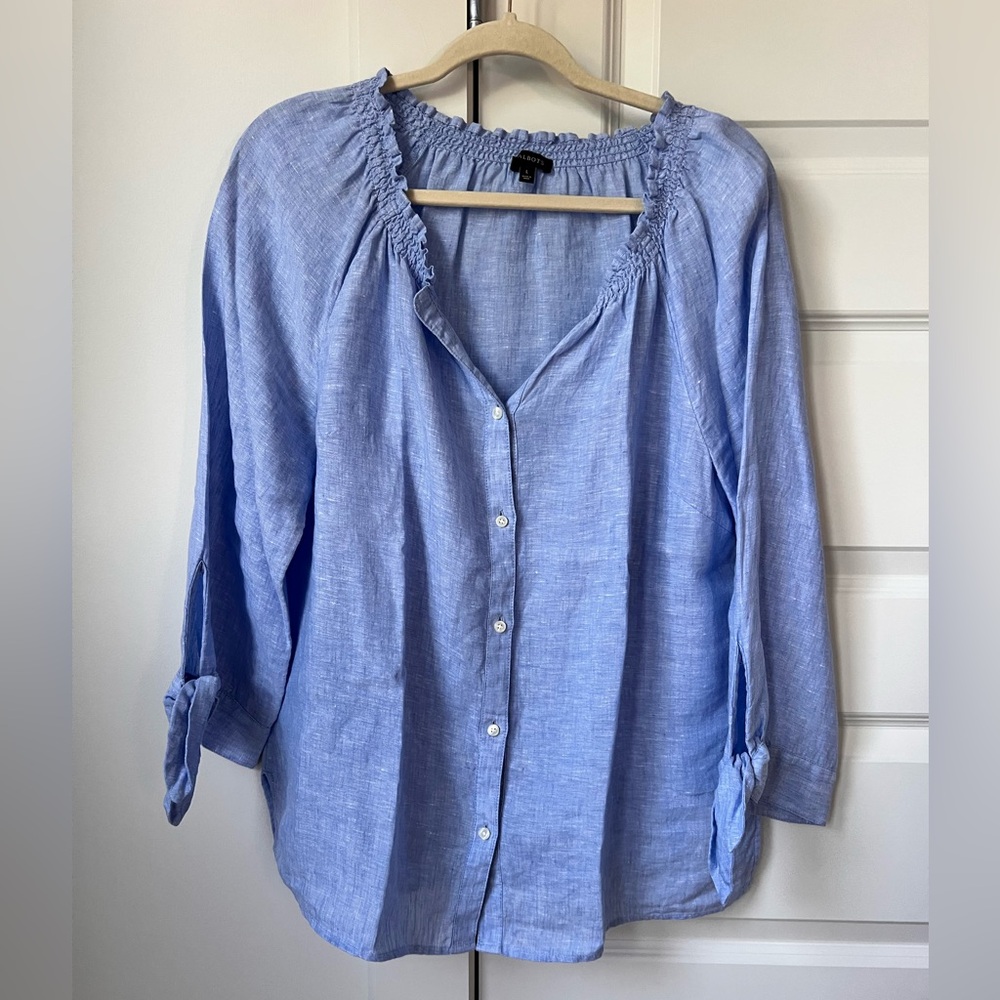 Talbots Light Blue Smocked Button-Down Blouse Size L